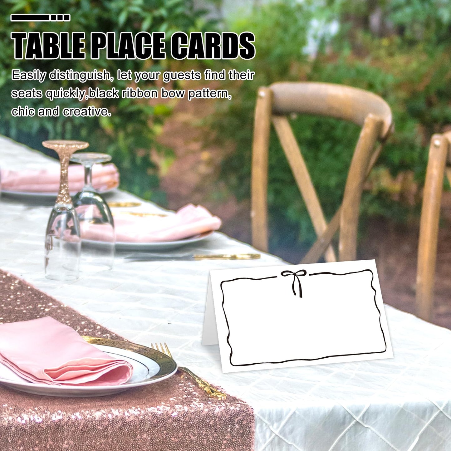 Whaline 100Pcs Bow Place Cards 2 x 3.5 Inch Cute Black Bow Knot Tent Name Cards Blank Seat Assignment Labels for Coquette Birthday Party Table Setting Supplies
