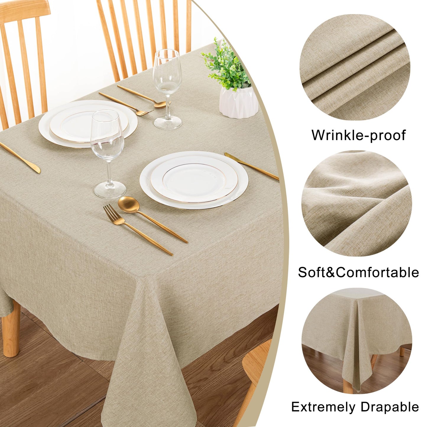 DWCN Faux Linen Tablecloth Rectangle - Beige Tablecloths Fabric Waterproof Spill-Proof Wrinkle and Stain Resistant Decorative Farmhouse Table Cover for Kitchen Dining Party, 60 x 102 Inch