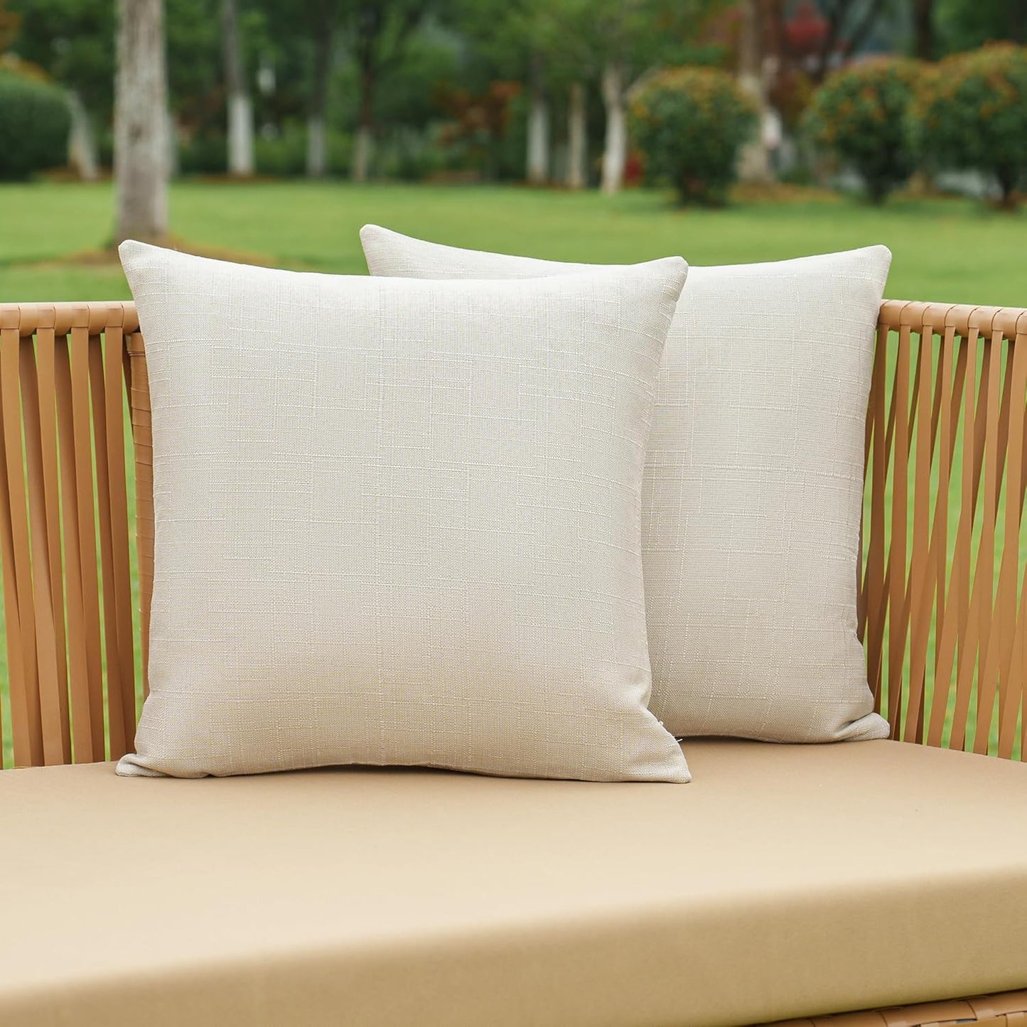 NiNi Decorative Outdoor Pillow Covers - Waterproof Linen Textured Set of 2 | 16x16 Inch Beige Garden Cushions