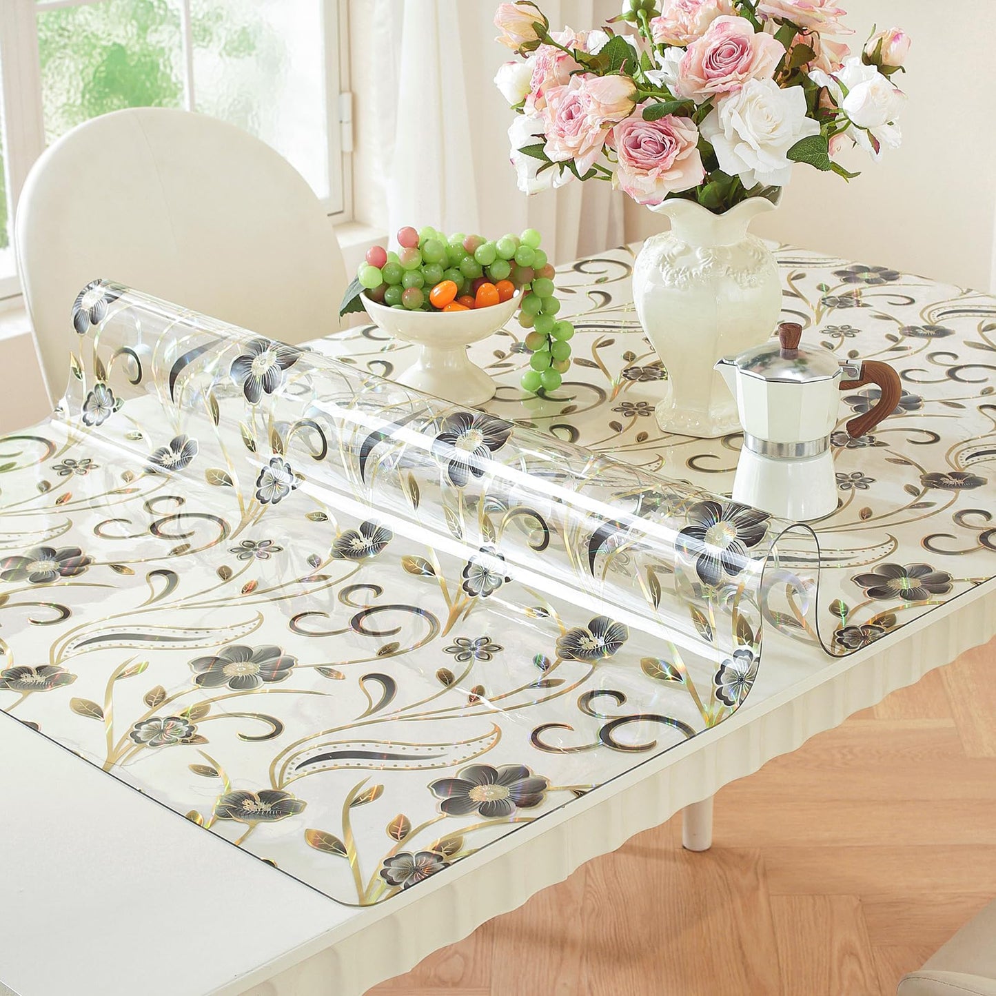 LovePads Floral Table Protector 24 x 48 Inch, 1.5mm Thick Plastic Table Cover, Waterproof Vinyl Tablecloth Rectangular Desk Protector Mat for Kitchen, Dining Room & Coffee Tabletop