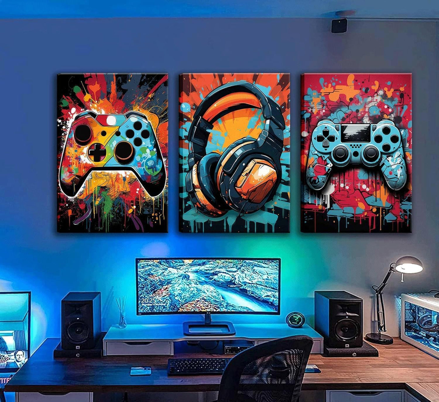 Skiennix Retro Video Game Wall Art - Colorful Neon Gamepad Canvas Prints | 3-Piece Set, 12x16in for Kids' Rooms