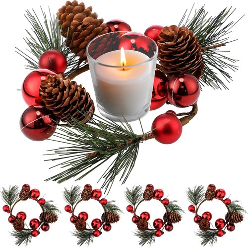 FoldTier Christmas Candle Rings - 4 Pcs Artificial Red Berries & Pine Needles Garland | Rustic Table Centerpieces