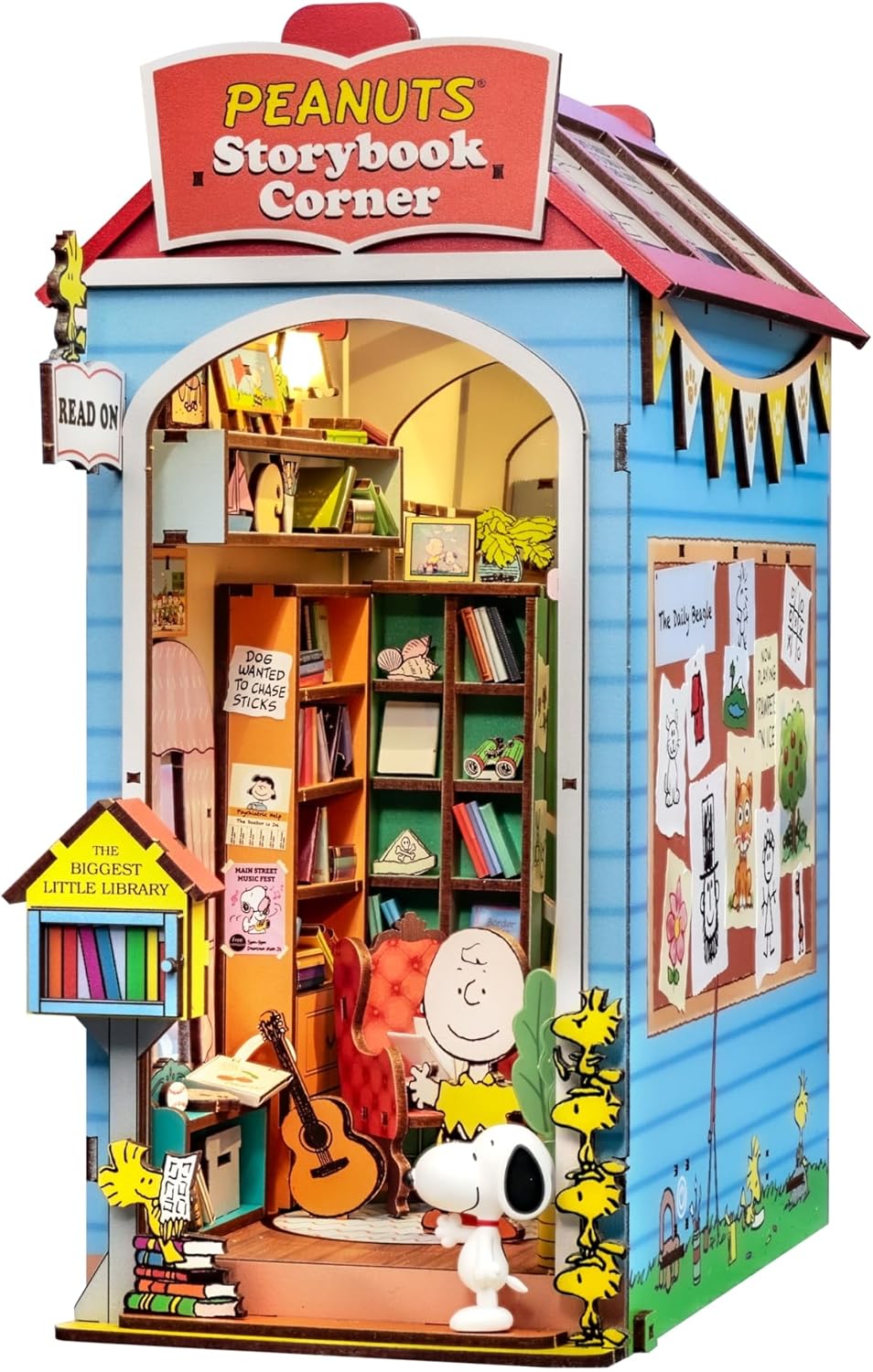 Peanuts Storybook Corner Book Nook Kit - 3D Wooden Puzzle with Touch-Sensitive LED Light-Up House | Includes Snoopy Figurine