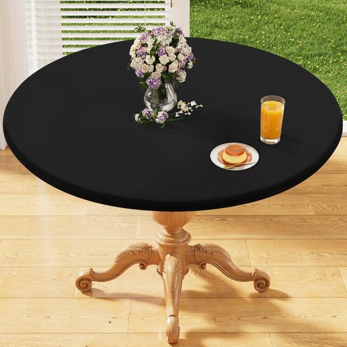 homing Round Elastic Fitted Tablecloth, Water-Resistant Fabric Tablecloths for 45"-56" Tables, Washable Polyester Table Cover for Picnic, Caming, Dinner, Indoor & Outdoor, Black