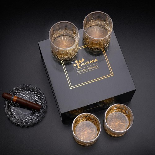 Hlukana Luxury Box Old Fashioned Whiskey Glasses Set of 4, 11 OZ Cocktail Glasses, Bourbon Rocks Scotch Glasses, Barware for Scotch Rum Vodka Liquor, Gifts for Men Father Grandfather Boss