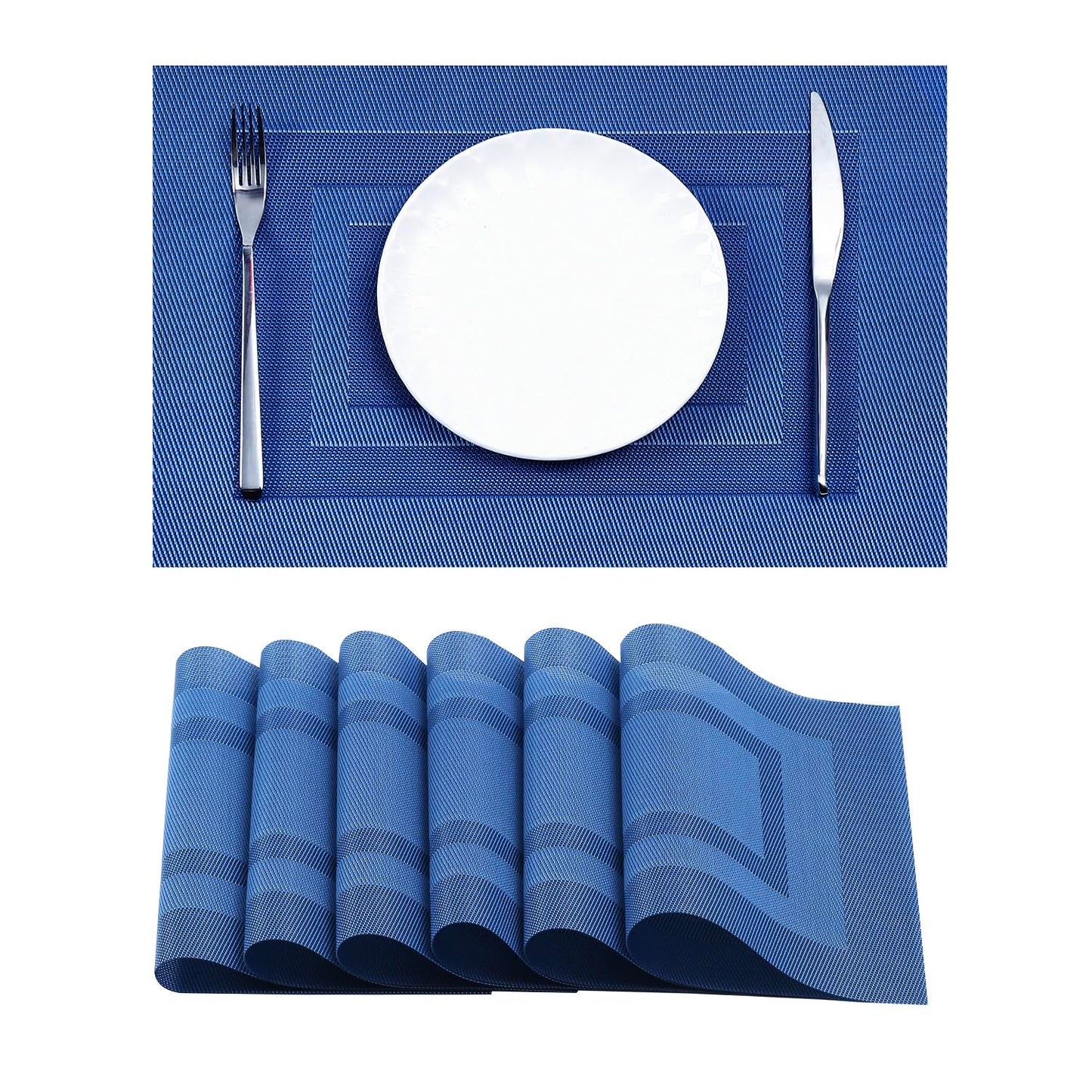 Leetaltree Blue Frame Placemats Set of 6 - Heat Resistant Non-Slip Place mats for Dining Table, Washable Durable PVC Vinyl Woven Table Mats（Blue Frame, 6）