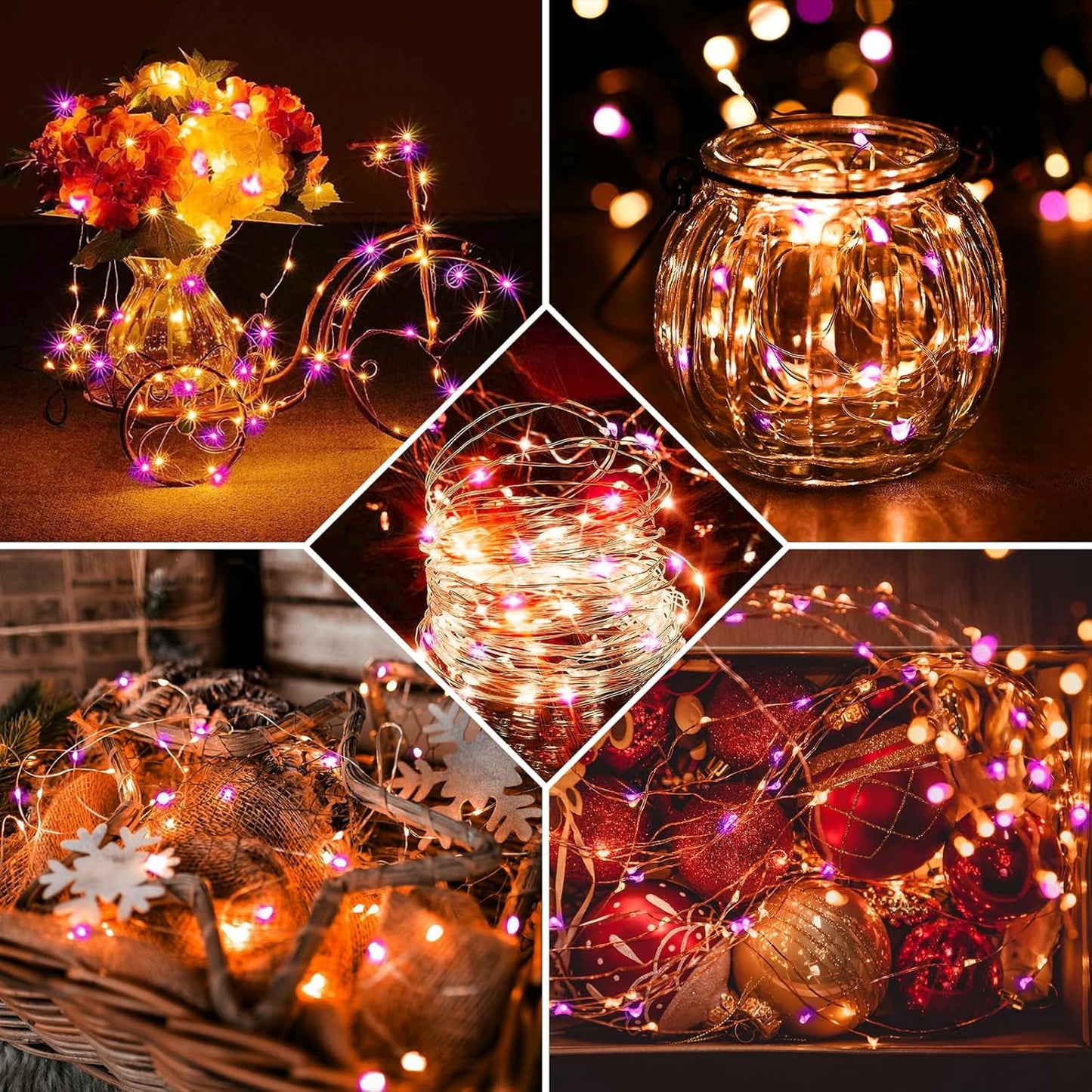 Skiennix 50 Pack Fairy Lights - 7Ft 20 LED Twinkle String Lights | Battery Operated & Waterproof for Parties, Weddings, and Holidays - Orange & Purple