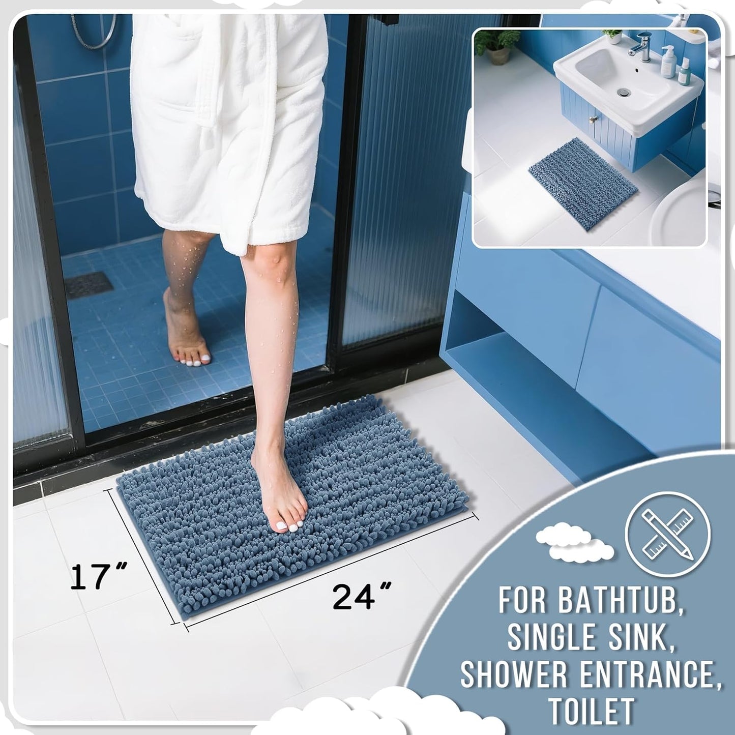 Yimobra Bathroom Rugs - Ultra Soft Non-Slip Chenille Bath Mat | Quick Dry Shaggy Carpet, Denim Blue, 24x17 Inch