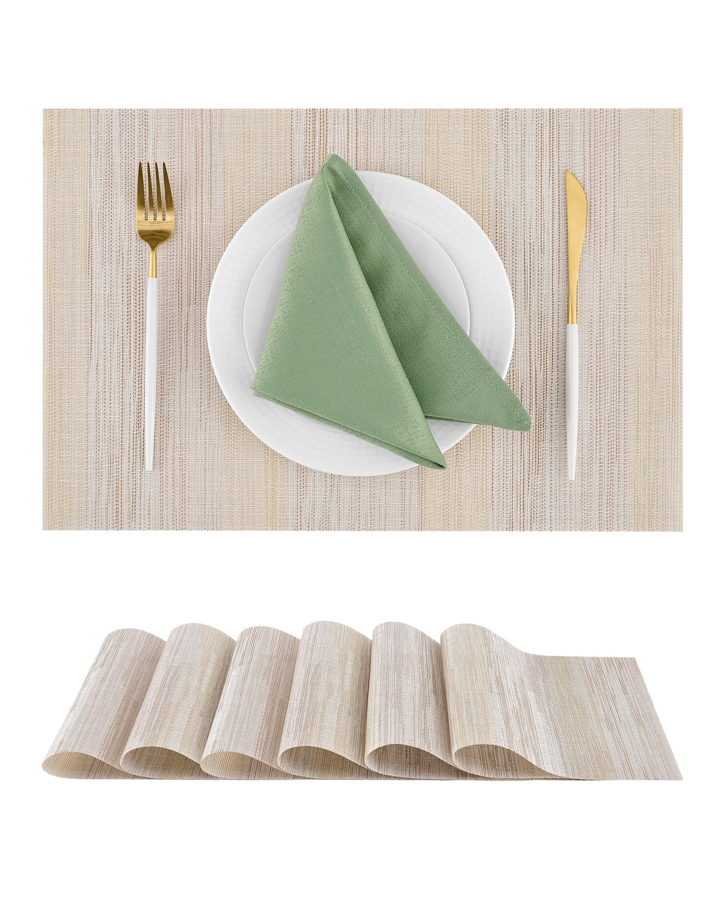 Leetaltree Lightsteel Beige with Yellow Placemats Set of 6 - Heat Resistant Non-Slip Place mats for Dining Table, Washable Durable PVC Vinyl Woven Table Mats (Lightsteel Beige with Yellow, 6)