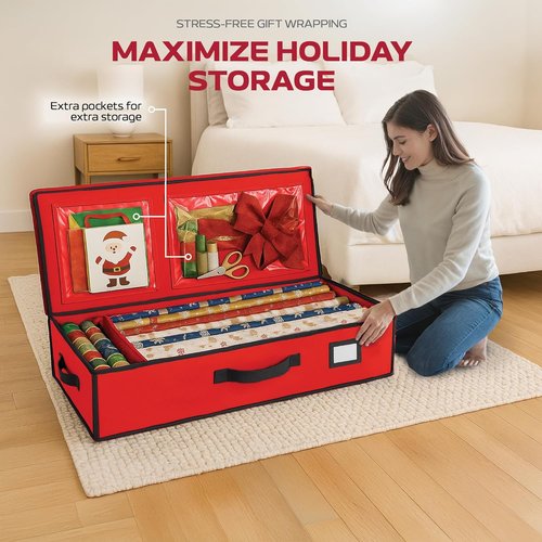 Christmas Wrapping Paper Organizer by [Brand Name] - Heavy-Duty Storage Box for 24 Rolls | Red with Straps & Pockets