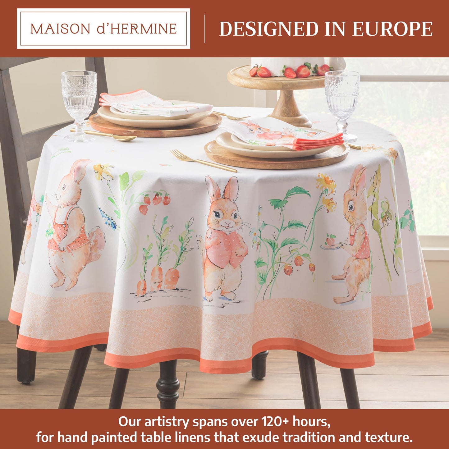 Maison d' Hermine Table Cloth Round Table 100% Cotton 69 Round Inches Tablecloth Reusable Decorative for Dining Kitchen Room Farmhouse Home Gifts for Mothers Day Spring Summer - Bunny Party