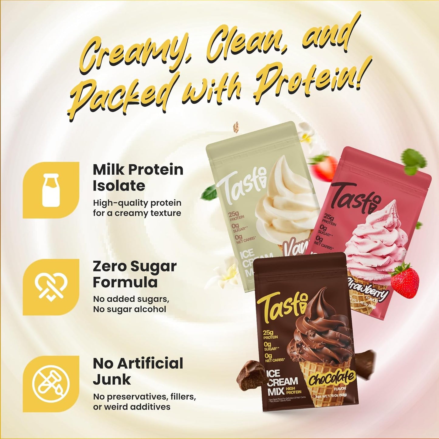 TASTI High-Protein Ice Cream Mix - Sugar-Free Chocolate, Vanilla & Strawberry | 6-Pack (150 Calories)