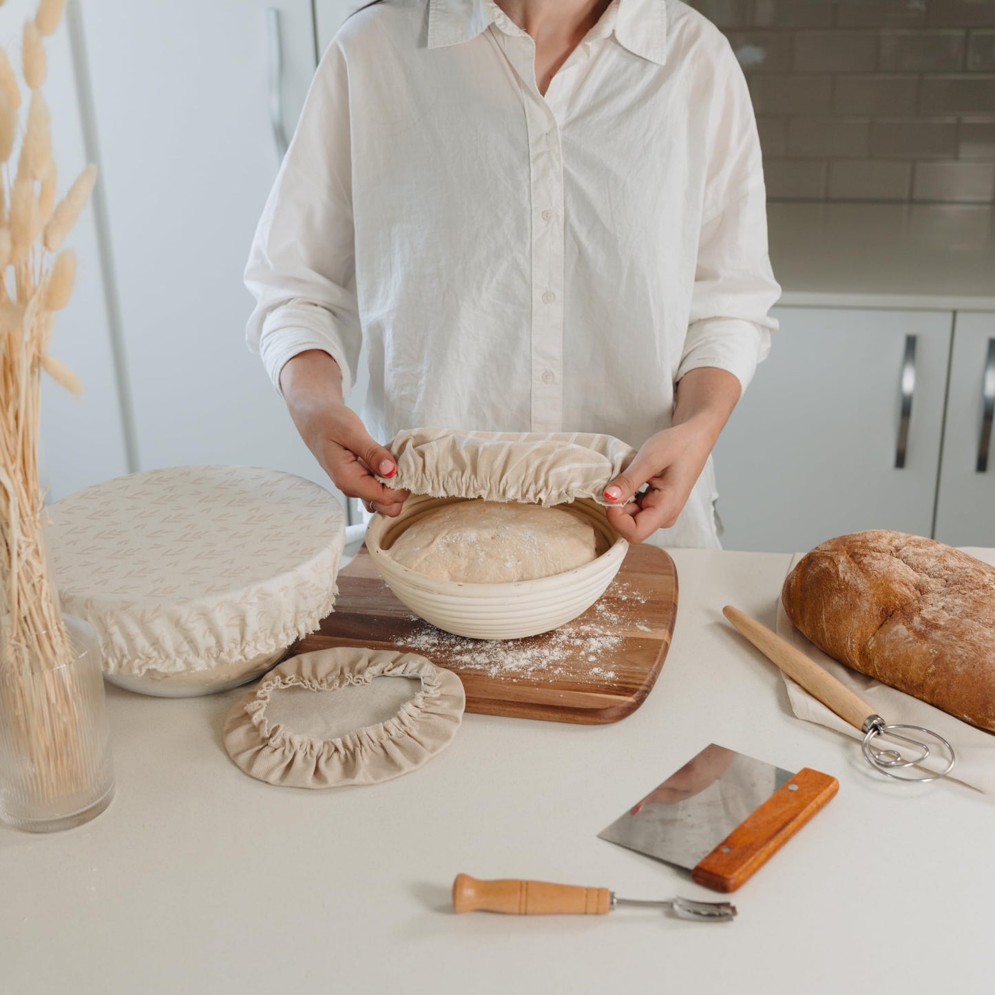 Beautiful Linen Cotton Blend Bowl Covers for Bread Proofing - Reusable Set of 3 in Varying Sizes Easily Fit Your Bowls 7" to 13" - Durable Fabric Covers, Ideal Sourdough Bread Baking Accessories