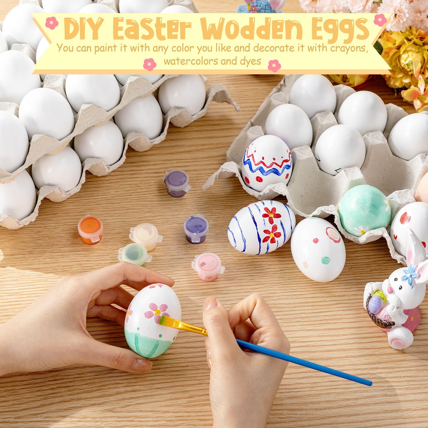 Beeveer 60 Pcs Wooden Eggs for Crafts Unpainted Eggs with Blank Egg Cartons, Wooden Fake Food Egg to Paint for Easter Decorating, Kitchen Craft, Basket Stuffer(White,Wood)