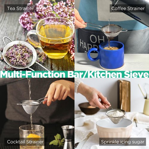 Homestia 3.3" Fine Mesh Strainer for Kitchen, 304 Stainless Steel Cocktail Sieve Sifters For Food, Liquid Drink Strainers Cup for Tea, Rice, Oil, Noodles, Fruits, Vegetables (Silver)