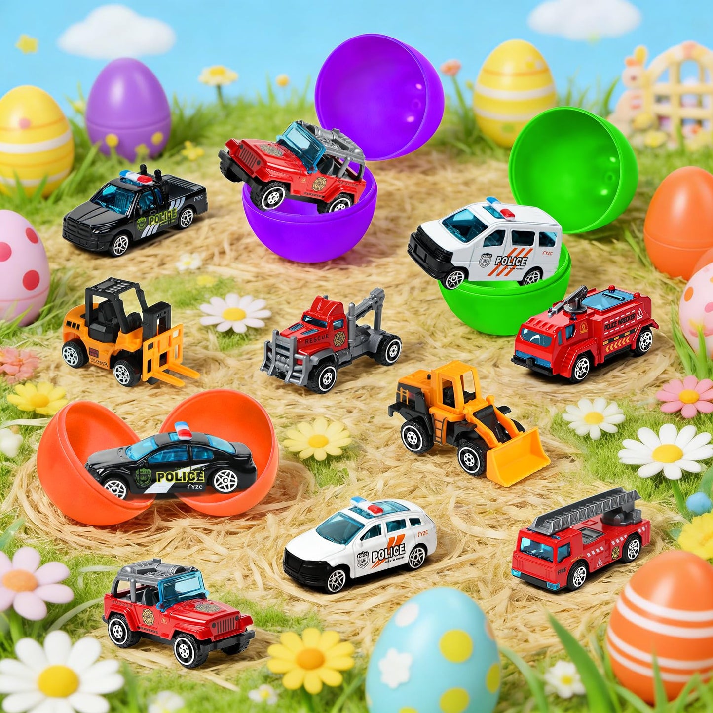 18 Pcs Prefilled Easter Eggs with Alloy Vehicles for Kids Die-Cast City Car Toys Construction Vehicles Easter Basket Stuffers Egg Fillers Egg Hunt Party Favors Classroom Prizes for Boys