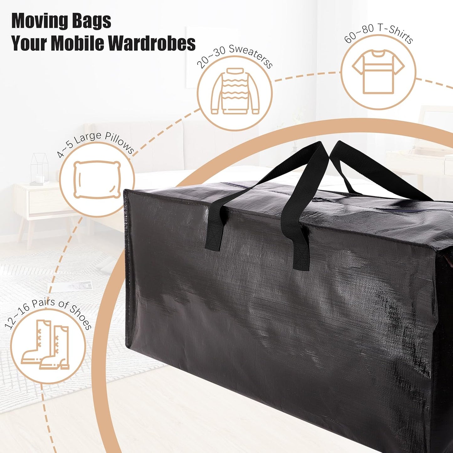 NATURELUX Heavy-Duty Moving Bags - Backpack Straps & Strong Handles - 6 Pack, Black Storage Solution