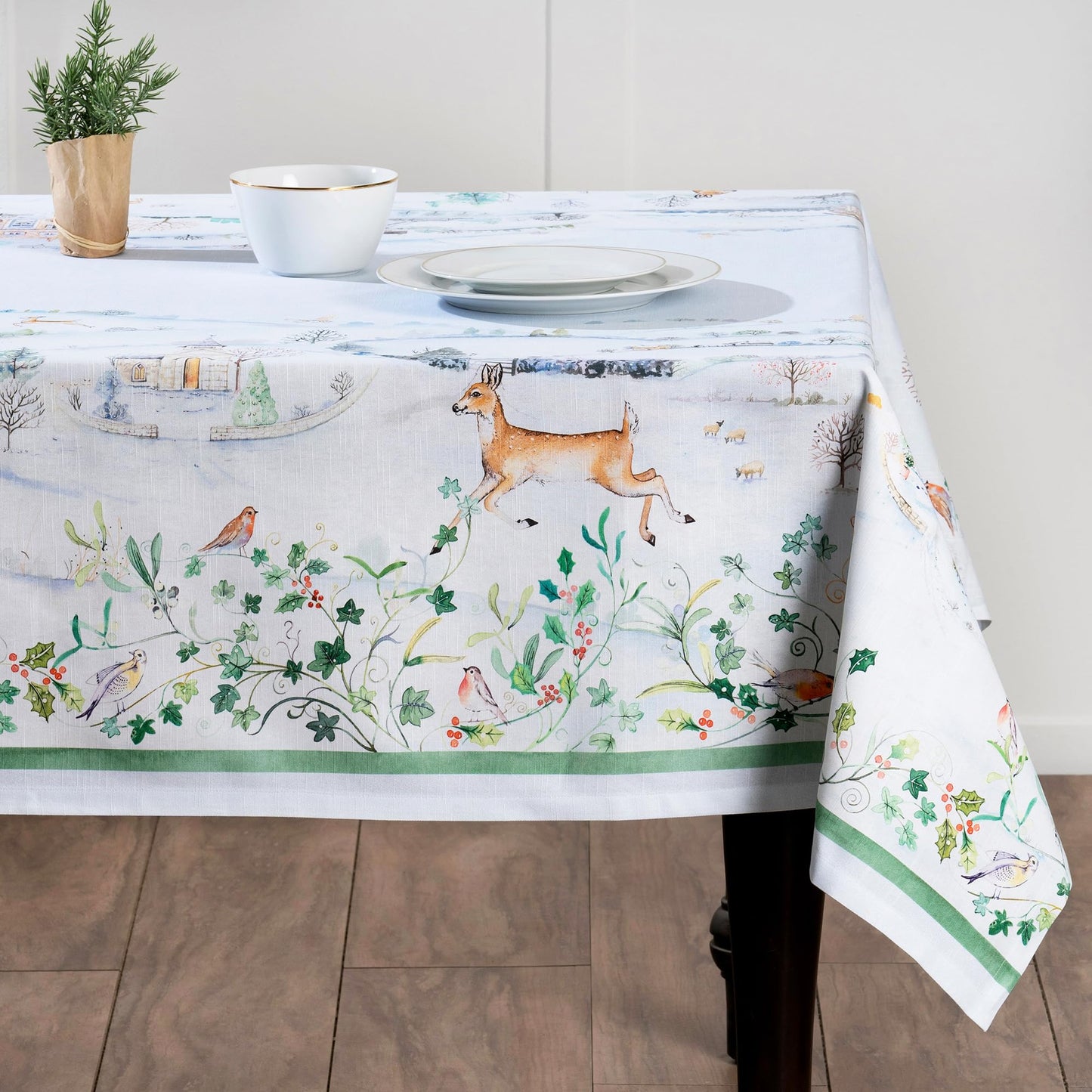 Maison d' Hermine Table Cloth Square Table 100% Cotton 54 x 54 Inches Fall Tablecloth Reusable Everyday Use for Thanksgiving Christmas Decorations Dining Farmhouse Party (Snowy World)