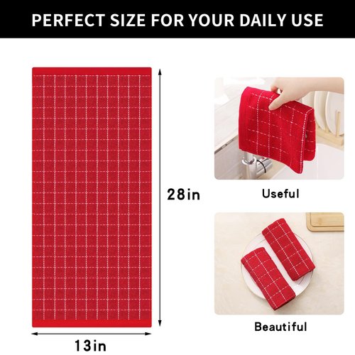 Homaxy 100% Cotton Terry Kitchen Towels(Red, 13 x 28 inches), Checkered Designed, Soft and Super Absorbent Dish Towels, 8 Pack
