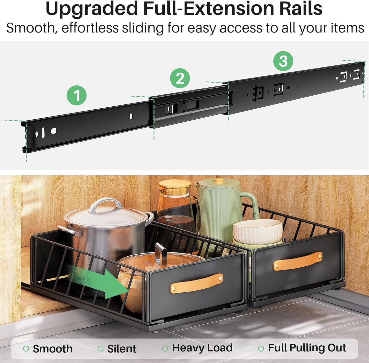Skiennix Pull-Out Cabinet Organizer - Heavy-Duty Sliding Pantry Shelves with Handle | 11.8"W X 15.7"D X 6.2"H, Black