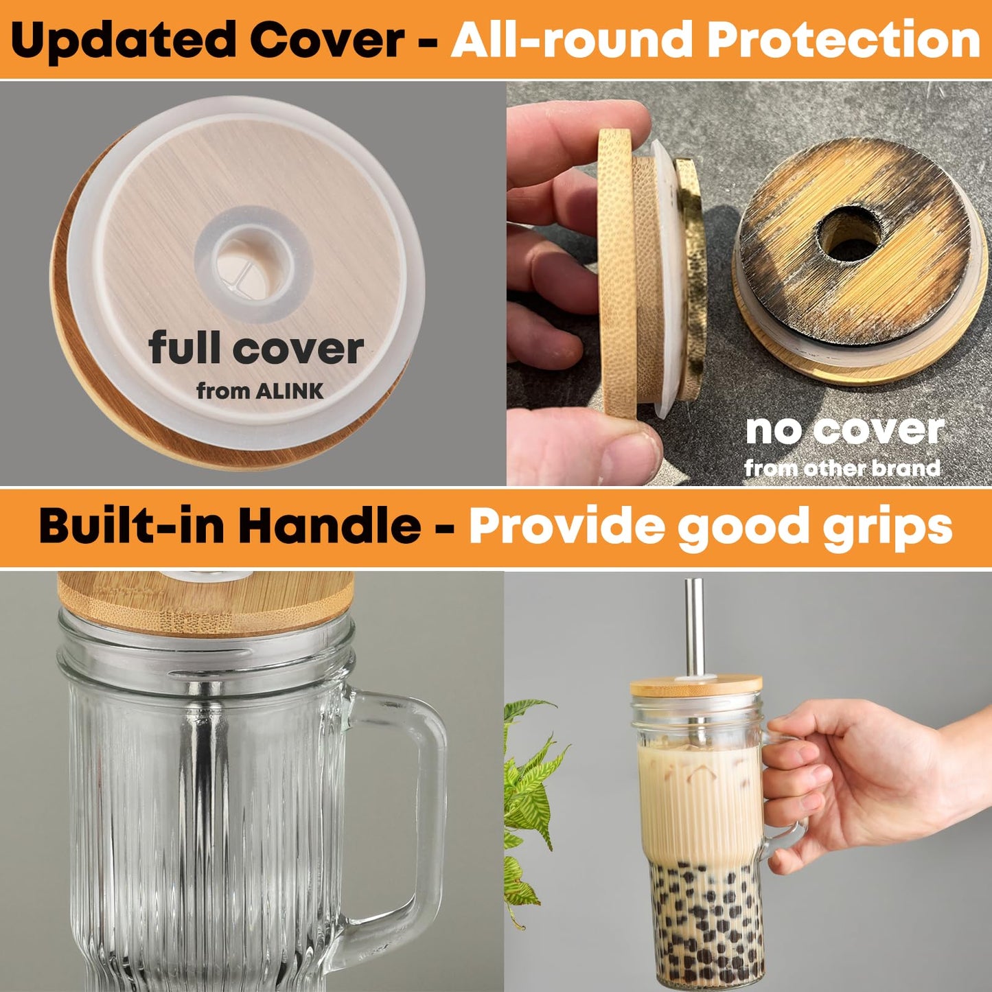 ALINK 24oz Ribbed Glass Cups with Bamboo Lids and Straws, 2-Pack Glass Tumbler with Handle, Reusable Iced Coffee Cups, Wide Mouth Mason Jar Boba Smoothie Cups, Drinking Glasses with 2 Brush