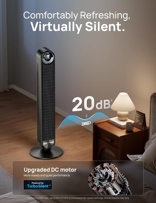 DREO Tower Fan - 90° Oscillating Standing Floor Fan with 28ft/s Velocity & 25dB Quiet Operation | 9 Speeds, 4 Modes, 12H Timer, Voice & App Control