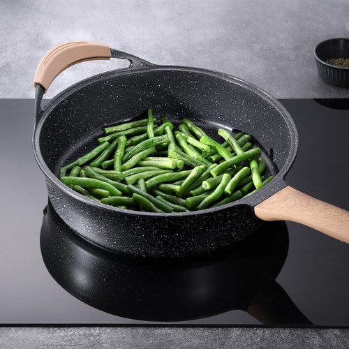 Deep Nonstick Frying Pan with Lid, 4.5 QT Swiss Granite Coating Sauté Pan, 12 Inch Healthy Non Stick Skillet Cooking Pan and Helper Handle with Silicone Cover, PFOA Free, Induction Ready.