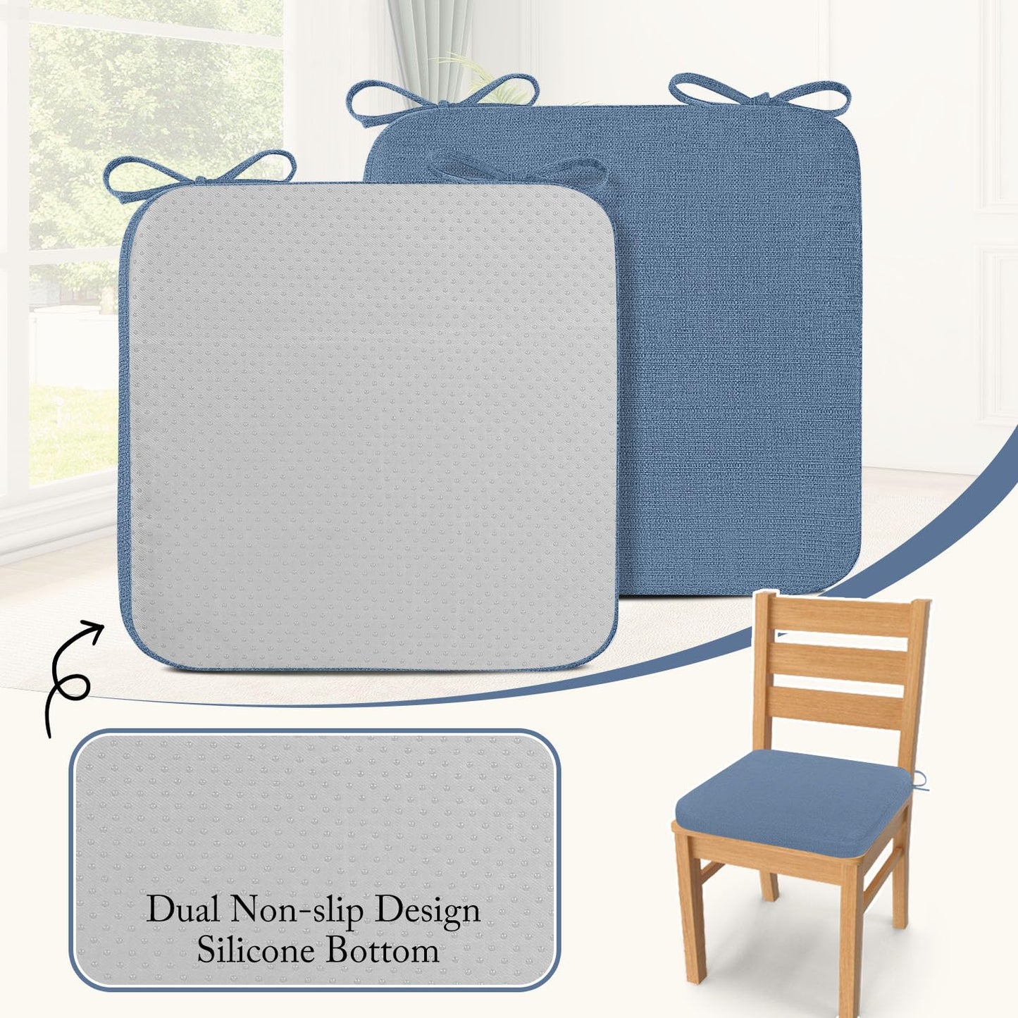 Cozyide Chair Cushions for Dining Chairs, Square Chair Pads with Ties and Non-Slip Bottom, Kitchen Chair Cushions 4 Pack, 16" x 16" x 2", Blue