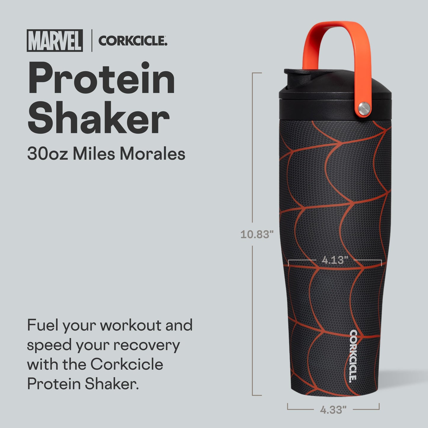 Corkcicle Protein Shaker - Built-In Agitator & Fruit Strainer Lid - 30oz - Miles Morales