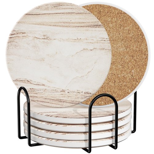 Coasters Set of 6 for Drinks, Beer, Coffee, Coasters for Drinks Absorbent Stone with Holder, Marble Style Ceramic Drink Coaster for Tabletop Protection and Home Decor, Suitable for Kinds of Cups