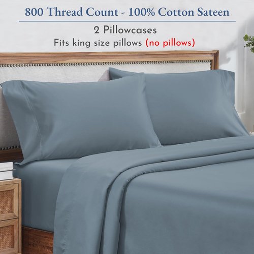 Heirloom 800 Thread Count 100% Cotton Sateen Pillow Cases - Soft & Smooth King Size (Dusty Blue)