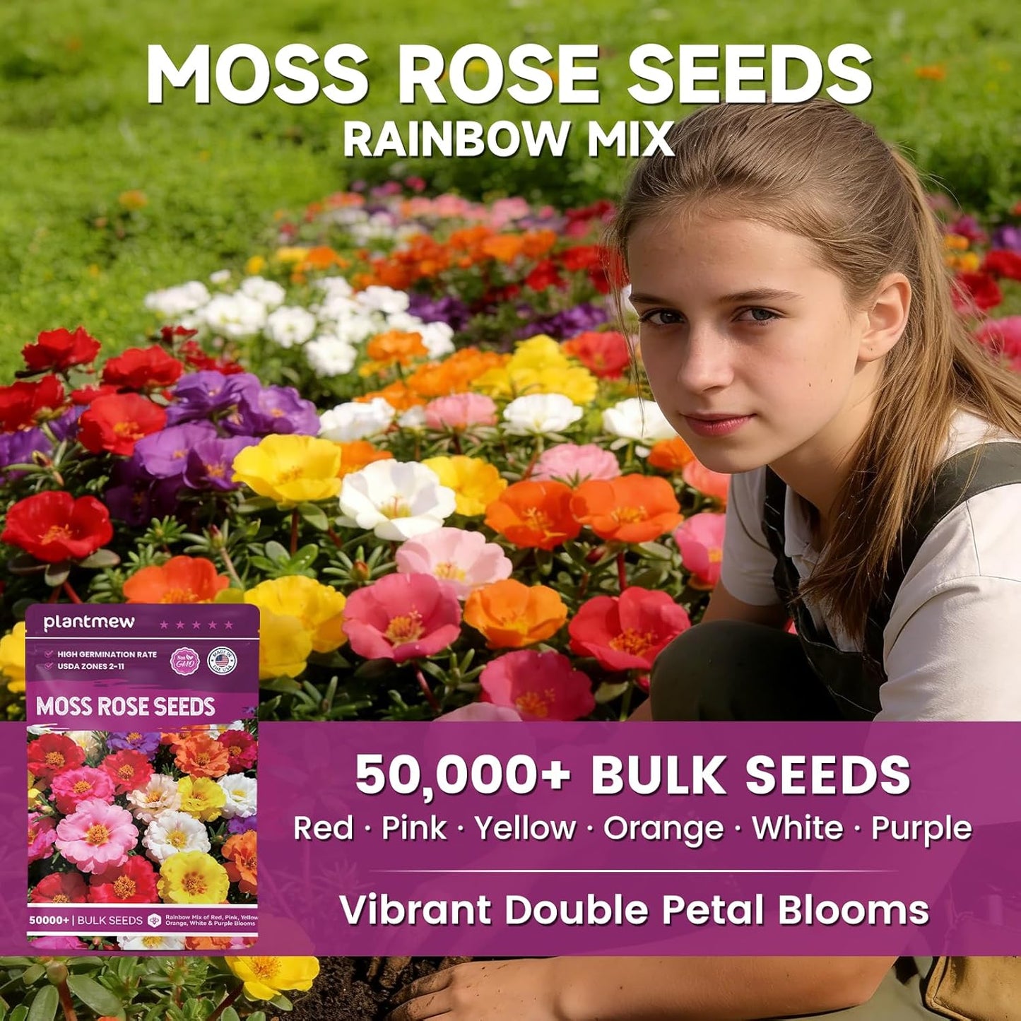 Moss Rose Seeds - 50,000+ Non-GMO Heirloom Portulaca Seeds | Drought-Tolerant Rainbow Mix for Outdoors