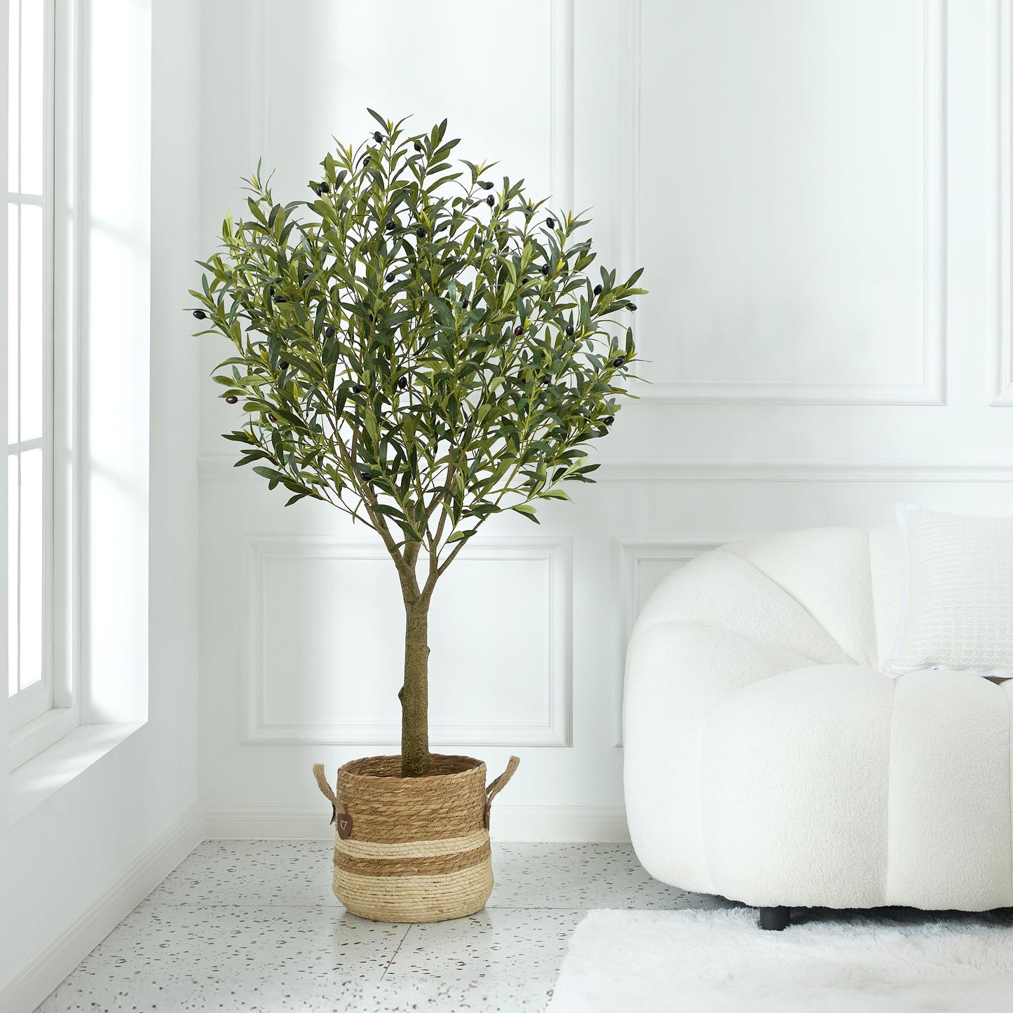 VeriNatural Artificial Olive Tree 5FT - Faux Olive Trees Indoor with 1283 Silk Leaves & 58 Fruits,UV Resistant & Natural Wood Trunk Fake Plant for Outdoor,Living Room,Patio,Home Decor,VN157