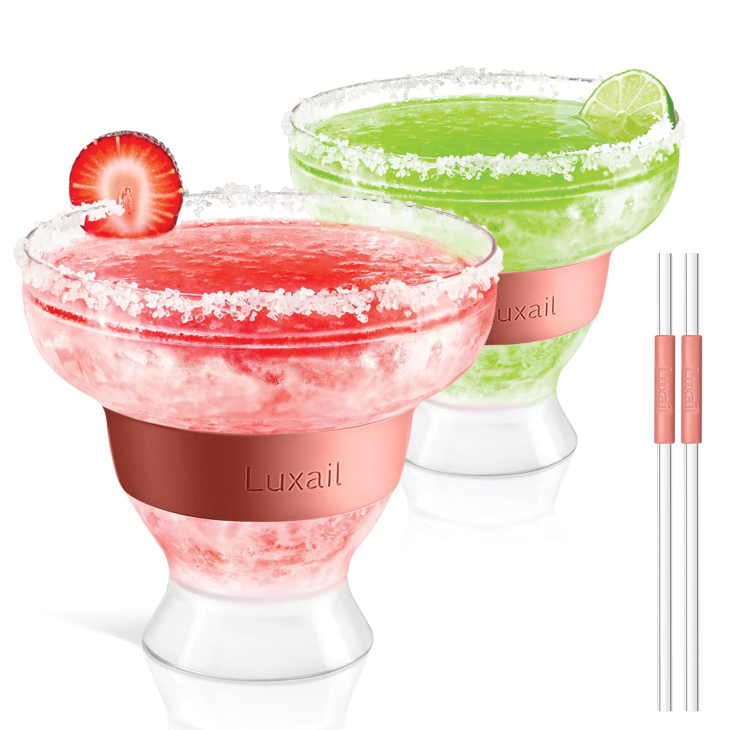 luxail Margarita Glasses, Plastic Margarita glasses Set of 2, Double Wall Insulated, Stemless Freeze Cooling Cups With Gel, Chiller Set of 2 Coral, 12 Oz Capacity, Margarita gifts