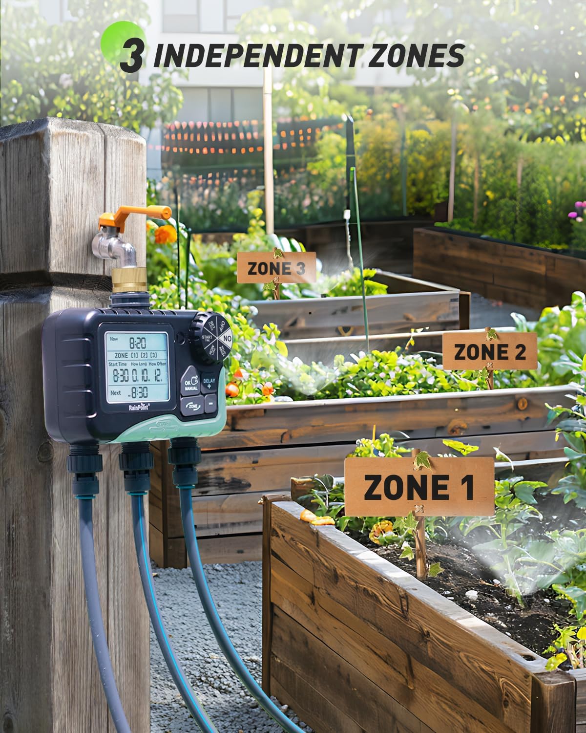 RAINPOINT 3-Zone Sprinkler Timer - Automatic Watering System with Brass Inlet & IP65 Waterproof | Large LCD Display