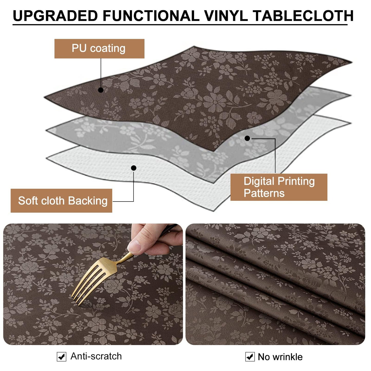 smiry Waterproof Vinyl Tablecloth, Rectangle Heavy Duty Table Cloth, Wipeable Table Cover for Kitchen and Dining Room (Coffee 1, 60X102 Inch)