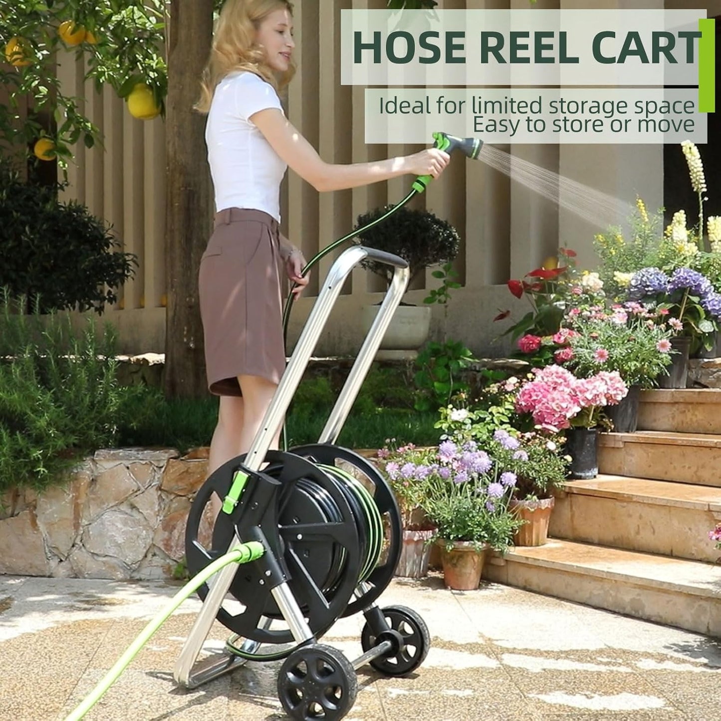 Skiennix Garden Hose Reel Cart - Portable Design with Wheels | Holds 75-150 Feet of 5/8-Inch Hose