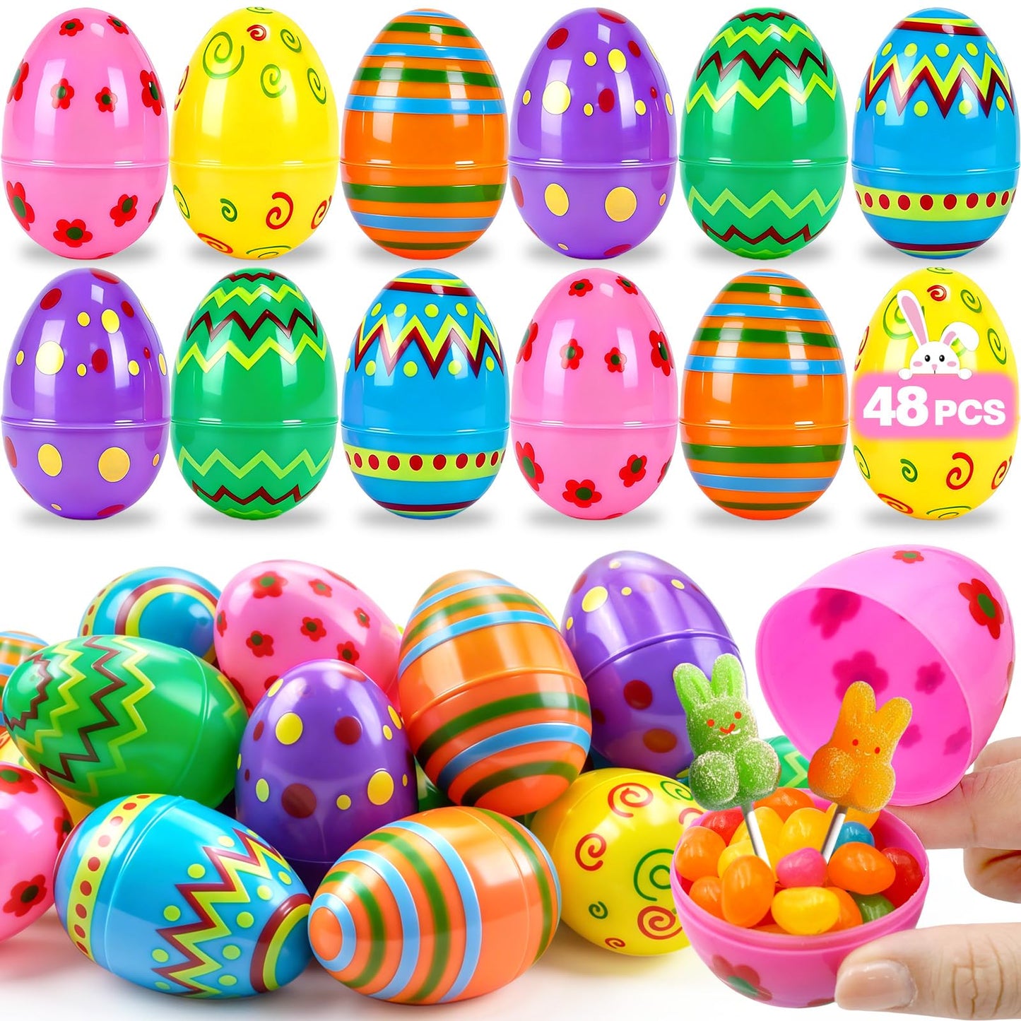 ZICZLI 48 PCS 3" Large Printed Plastic Easter Eggs, Empty Fillable Bright Colorful Eggs Bulk for Easter Egg Hunt Filling Treats Basket Stuffers Easter Party Favors