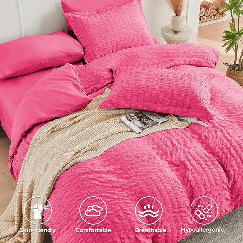 HYMOKEGE Twin Comforter Set - Hot Pink Seersucker 5-Piece Luxury Bedding Set for All Seasons