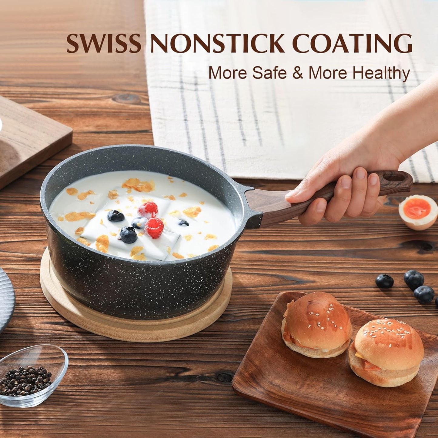 SENSARTE Nonstick Saucepan - 2.5 Quart Medium Pot with Swiss Granite Coating & Stay-Cool Handle