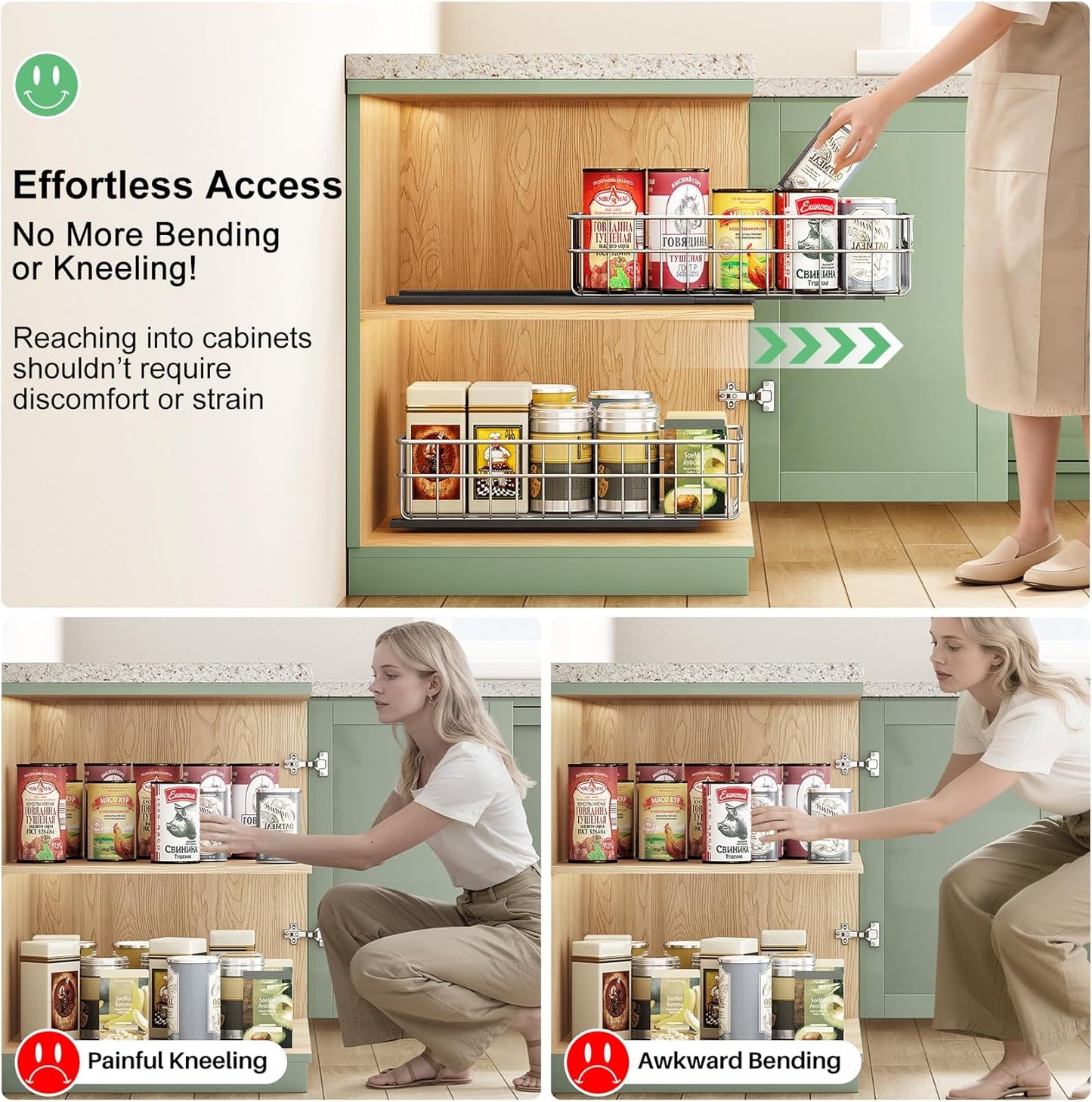 Skiennix Pull-Out Cabinet Organizer - Stainless Steel 4-Pack Drawer with Silent Slides | Spice Storage Rack for Kitchen & Pantry