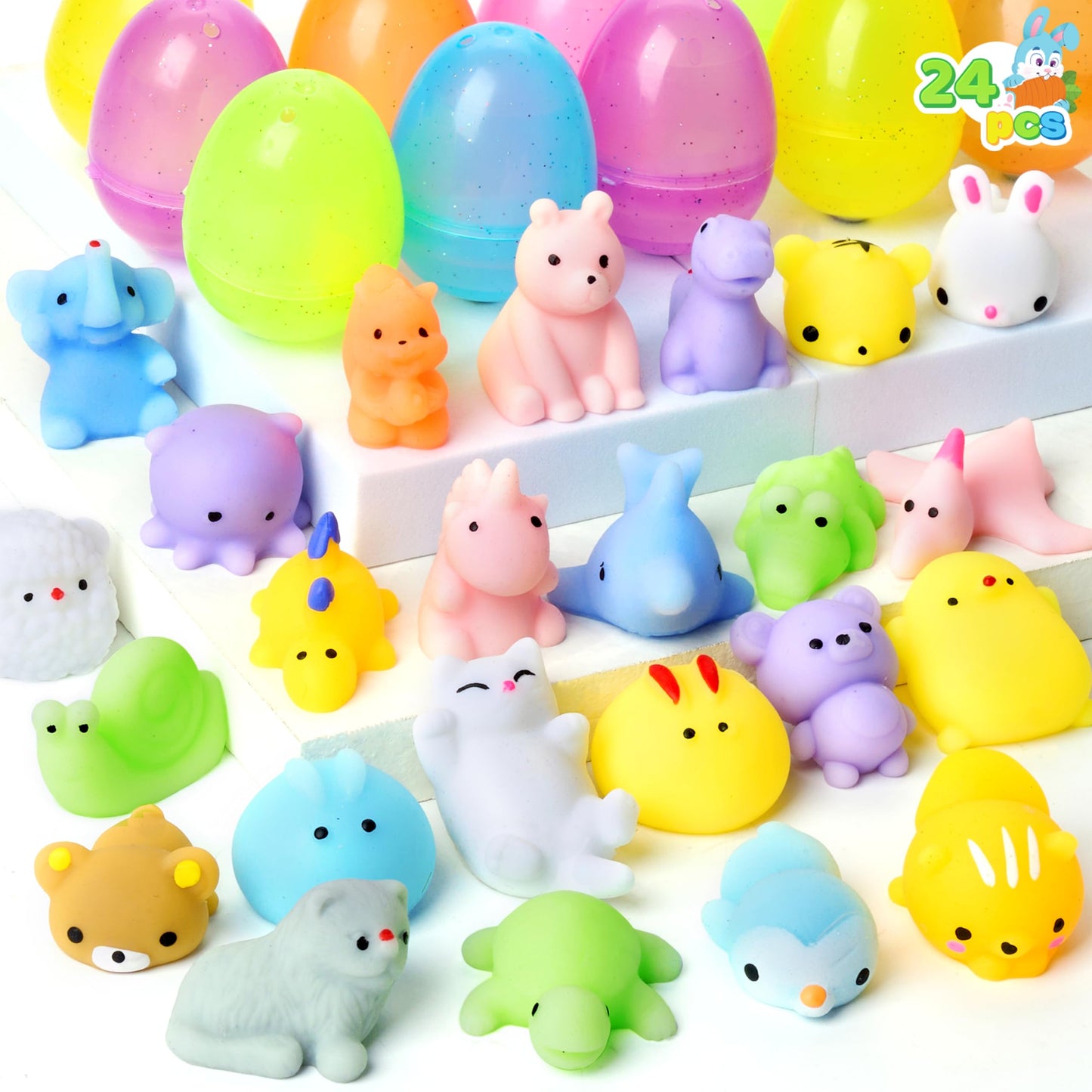JOYIN 24 Pcs Easter Prefilled Eggs with Mochi Squishy Toys, Fruit Stress Reliever Squishy Toy for Easter Egg Hunt, Kids Party Favor, Fruit Themed Mochi Filler Basket Stuffers, Classroom Prize Supplies
