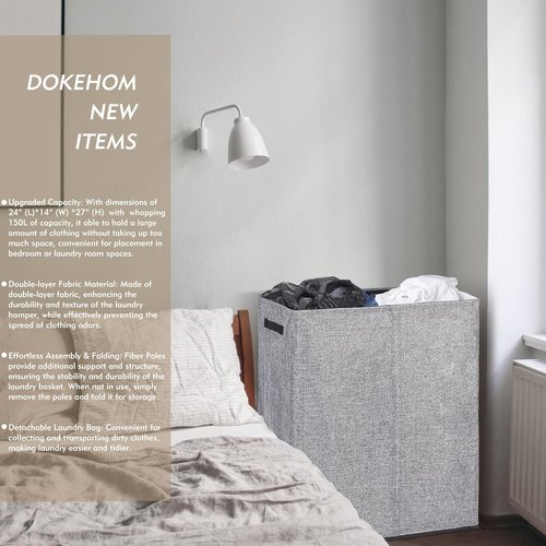 DOKEHOM 150L Double Laundry Basket - Large Collapsible Hamper with Lid & Removable Bags | Grey