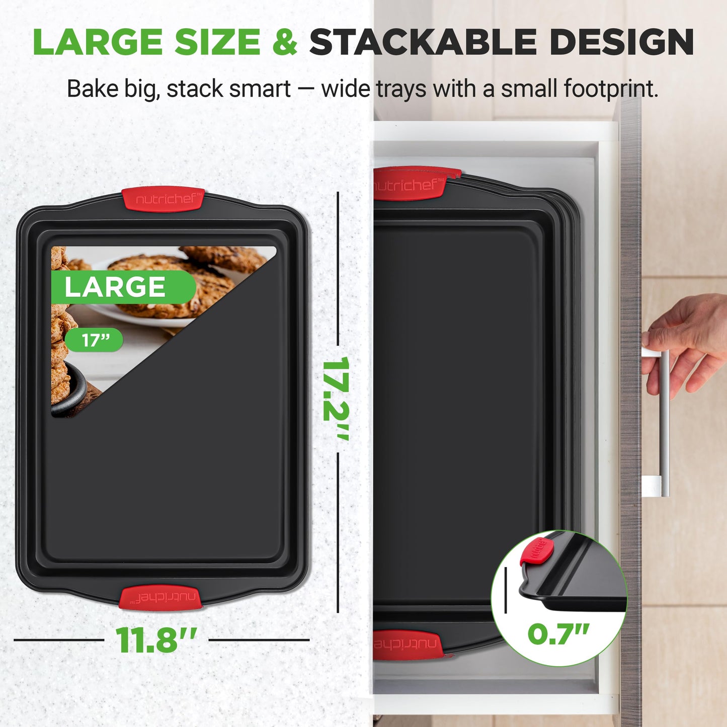 NutriChef 3-Piece Large Nonstick Cookie Sheets for Baking | Premium Food-Grade Carbon Steel, Non-Stick Tray Set with Silicone Handles, Oven Safe up to 446°F | Easy to Clean, 17.2 x 11.8 x 0.7 Inch