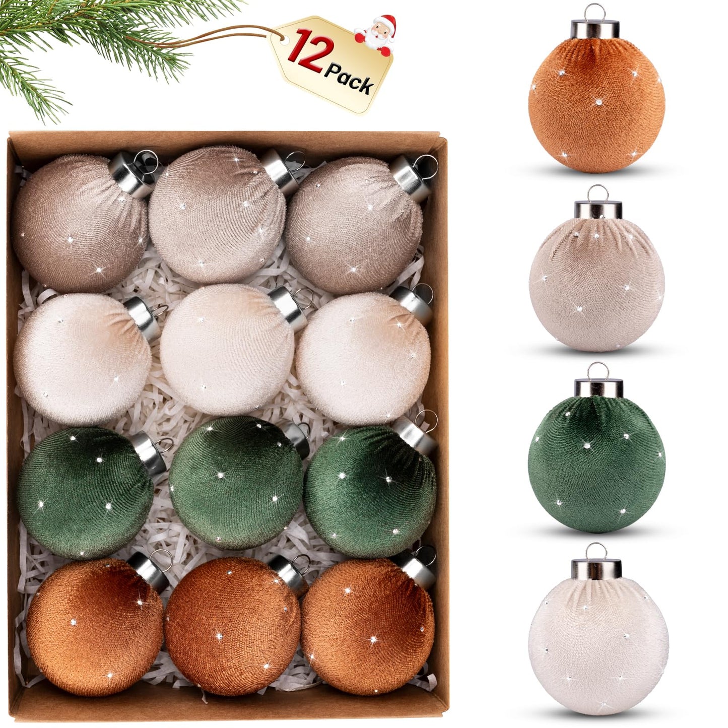TonJin Christmas Tree Ornaments Velvet Balls 12 Pack, 2.36"/60mm Glitter Shatterproof Hanging Flocked Xmas Bulbs Decorations, Lightweight, Burnt Orange Green Beige Neutral,Holiday Party Home Decor