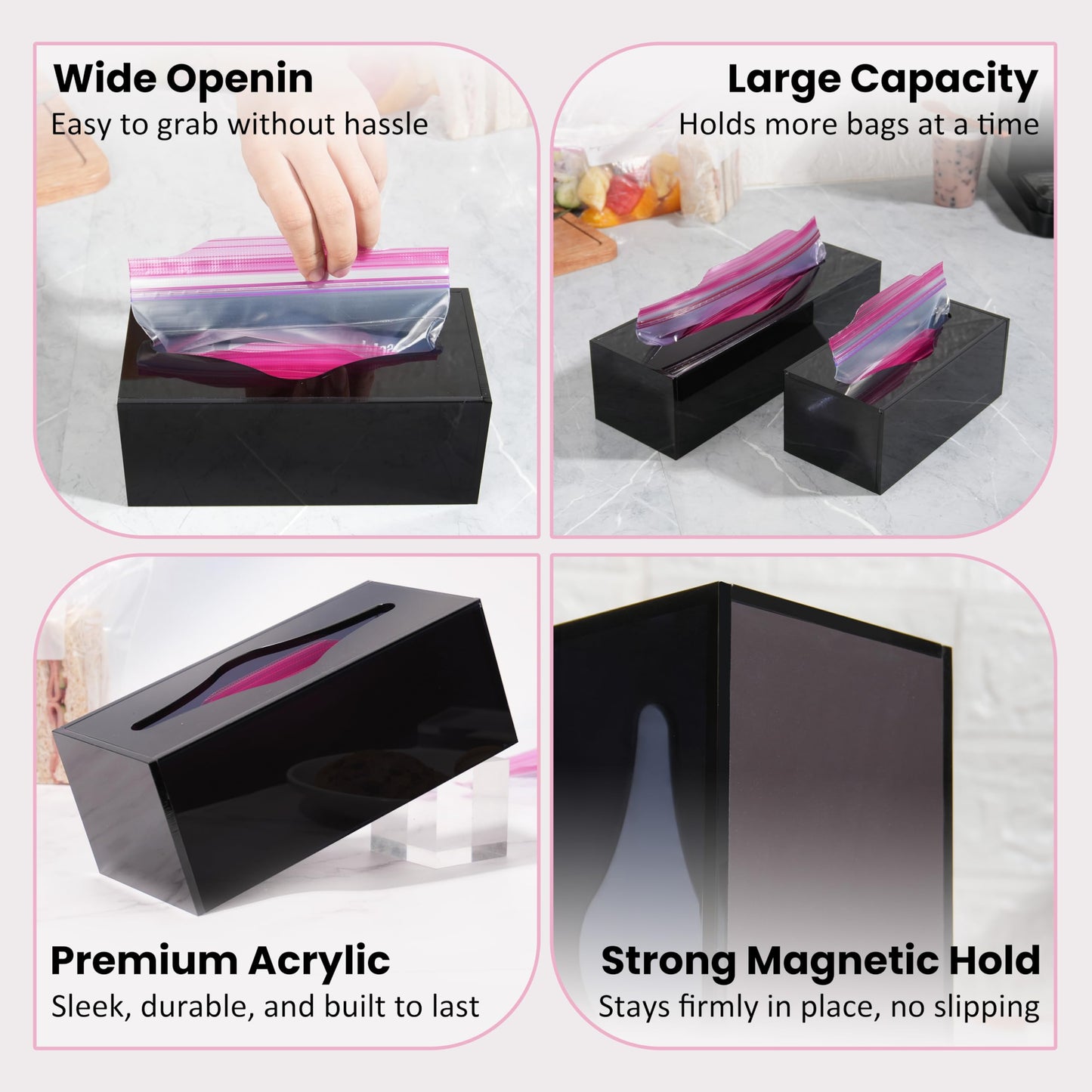 LUVCOSY Acrylic Food Bag Storage Organizer Magnetic Fridge Attachment Compatible with Ziploc 1 Gallon, Dispenser for Ziploc Bags, Kitchen Organization and Storage Solution, 1 Pack