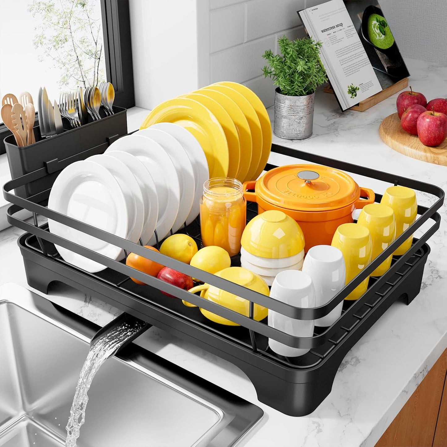 Kitsure Dish Drying Rack - Multi-Functional Kitchen Counter Rack with Cutlery Holder | Rust-Proof, 15.7" x 12" x 5.5", Black
