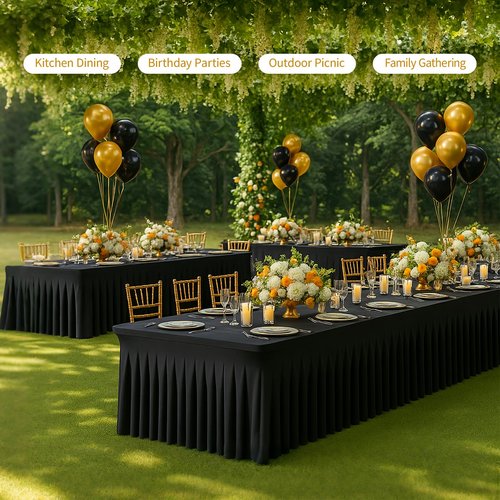 Deep Dream 2 Pack Black Spandex Table Covers 6 Foot, Fitted Stretch Tableclothes 30x72 Inch, Wrinkle Free 6FT Fitted Table Clothes with Skirt for Party, Banquet, Wedding and Events
