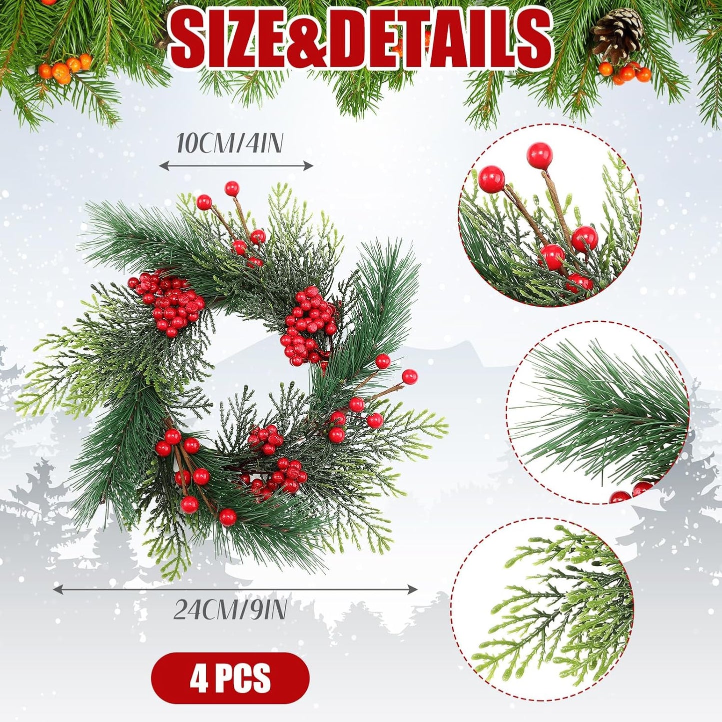 Knitgrip Mini Christmas Candle Rings - 4 Pcs Red Berry Pinecone Wreaths for Festive Home Decor