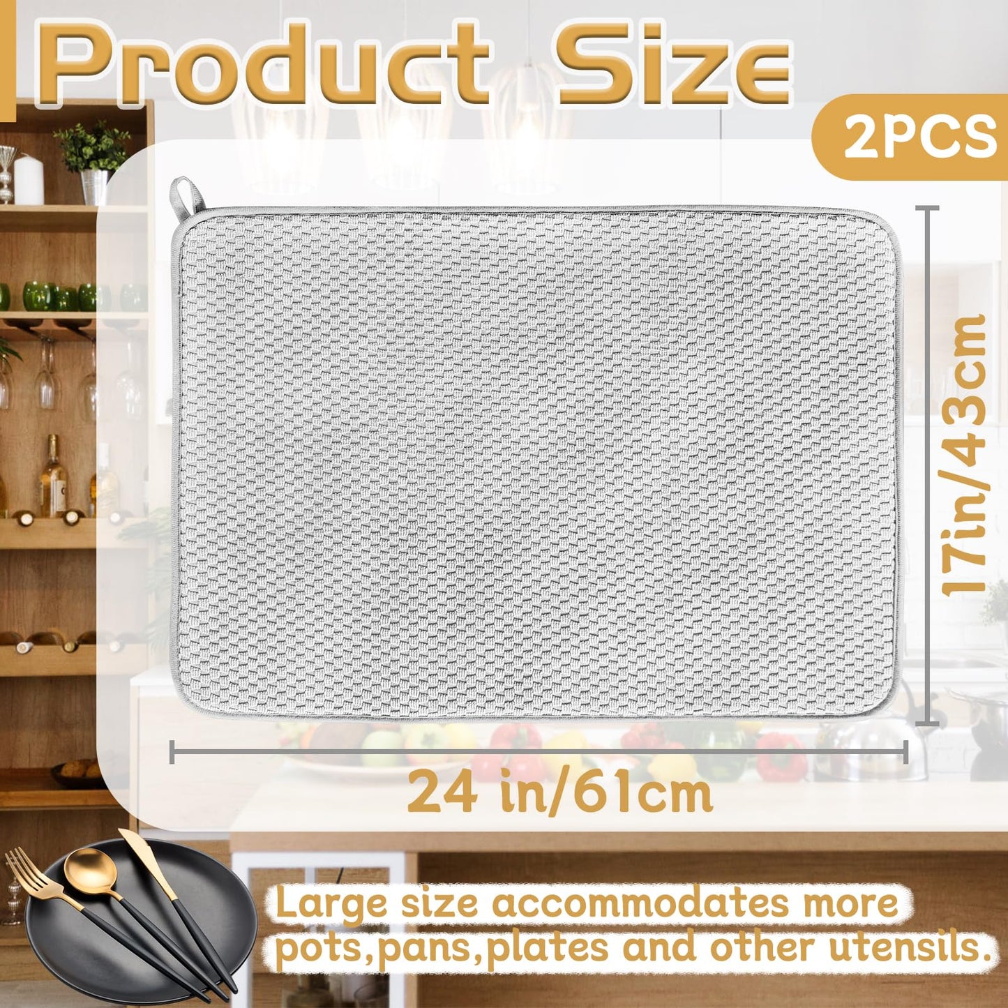 2 Pack Microfiber Dish Drying Mat,24x17" Large Size Highly Absorbent Dish Drainer Mat,Kitchen Counter Quick Dry Pads for Under Sink,Coffee Rack(Gray)